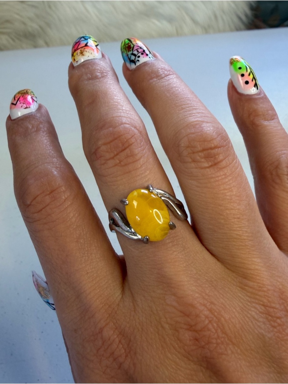 Vintage Yellow Stone Ring Silver Tone Costume Jewelry Womens Size 12 Boho whimsy